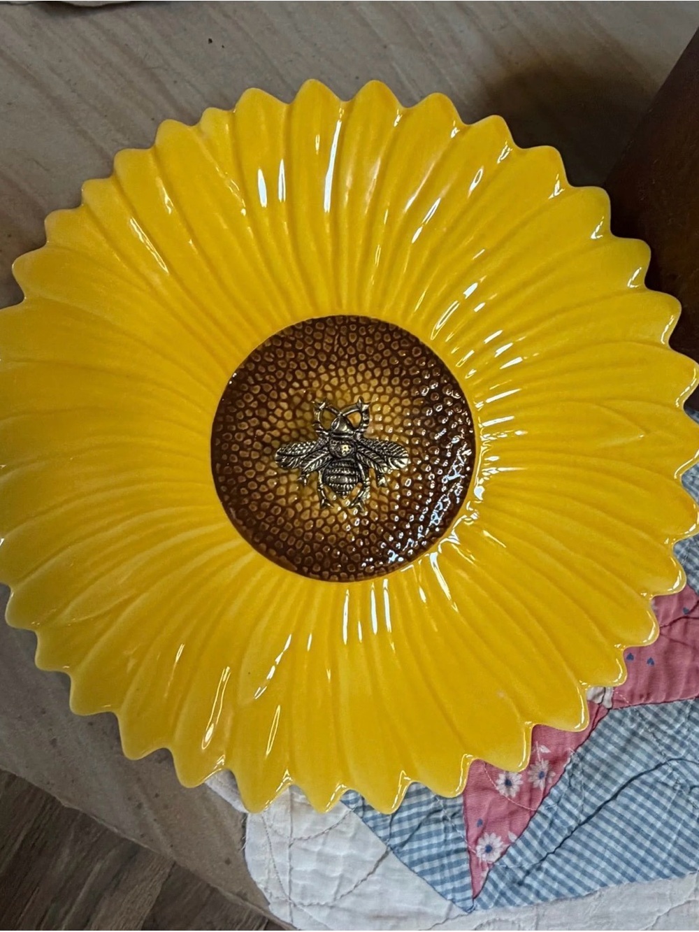 Yellow Ceramic Sunflower Wall Plaque with Bee Accent